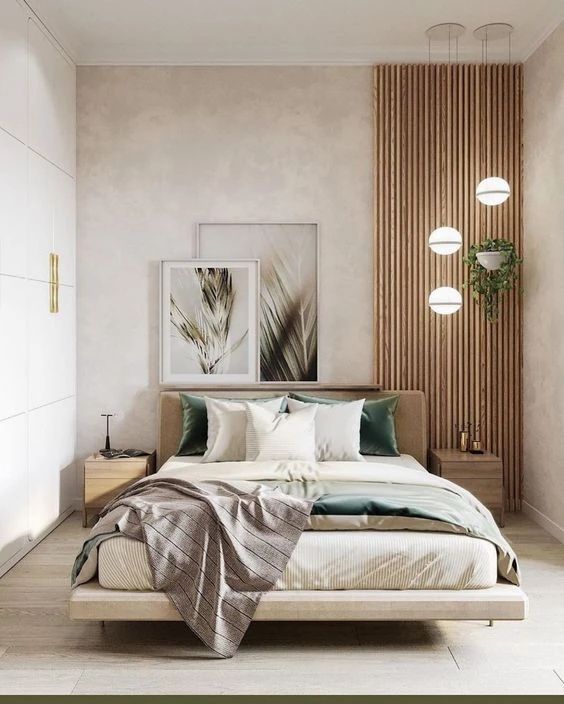 Feature wall slat panel behind bed